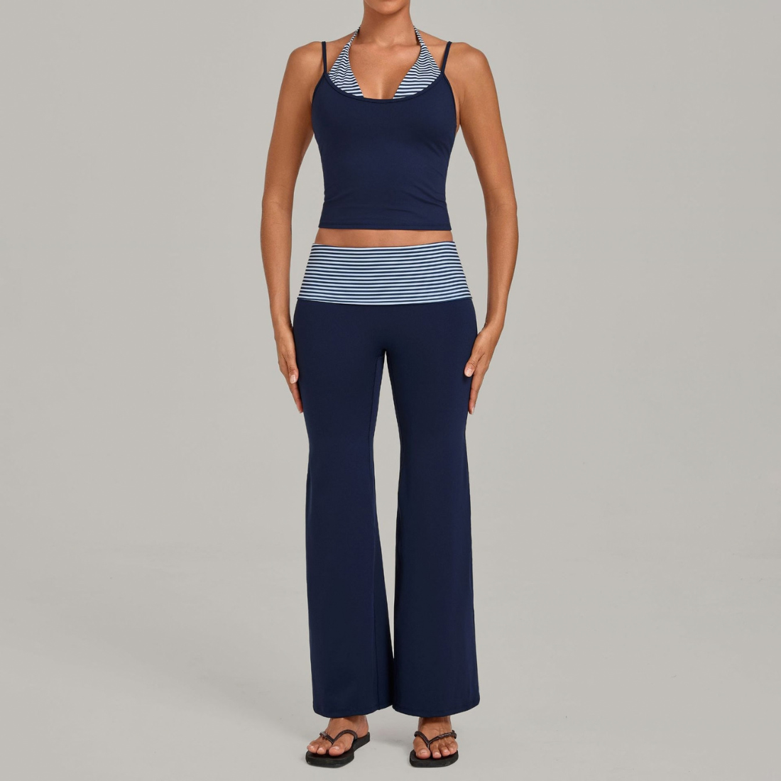 Wholesale Women's Retro Print Yoga Fake Two-Piece Vest+Flared-Leg Pants Set