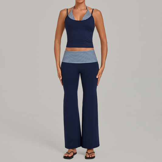 Wholesale Women's Retro Print Yoga Fake Two-Piece Vest+Flared-Leg Pants Set