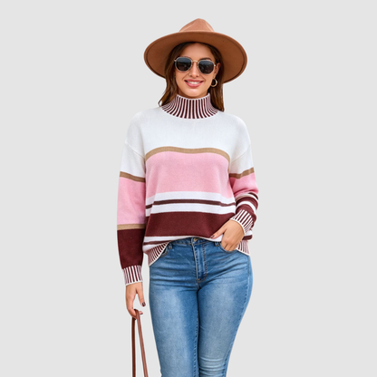 [Wholesale Women’s Colorblock Mock-Neck Knit Sweater