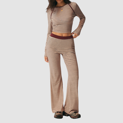 Wholesale Women's Striped Long-Sleeve Top+Wide-Leg Yoga Pants 2-Piece Set