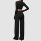 Wholesale Women's Brushed Yoga Set: Long-Sleeve Crop Top & Foldover Wide-Leg Pants
