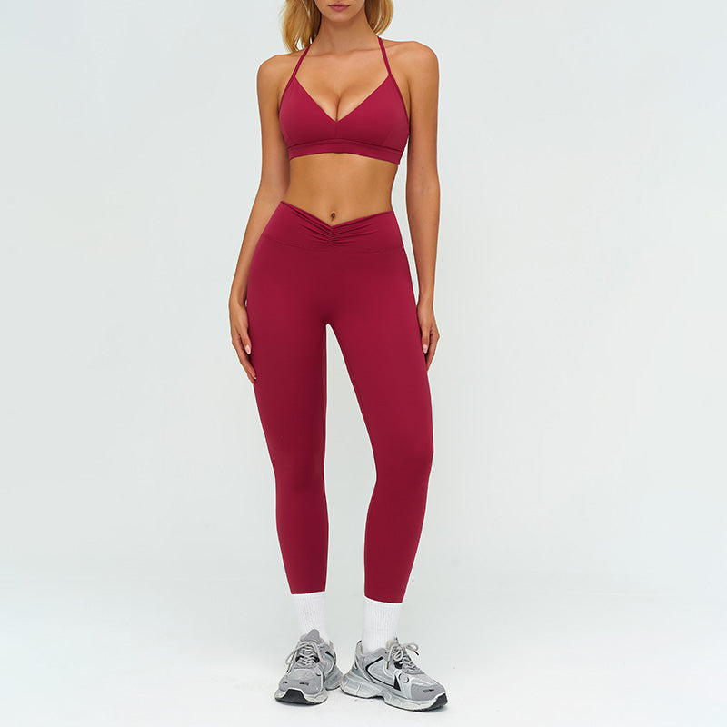 Removable bra pads + high-waisted pleated leggings 2-piece set