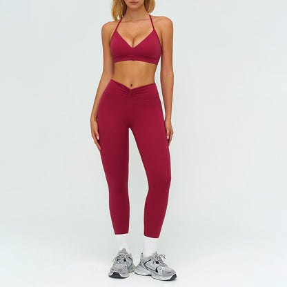 Removable bra pads + high-waisted pleated leggings 2-piece set