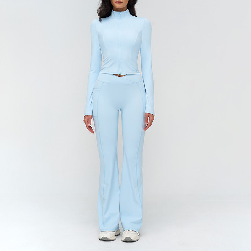 Stand-up collar yoga jacket + nude high-waisted flared pants 2-piece set