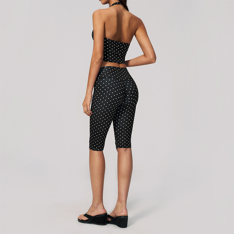 Wholesale Women's Deep V high-elastic polka-dot vest + high-waisted Capri Shorts Set
