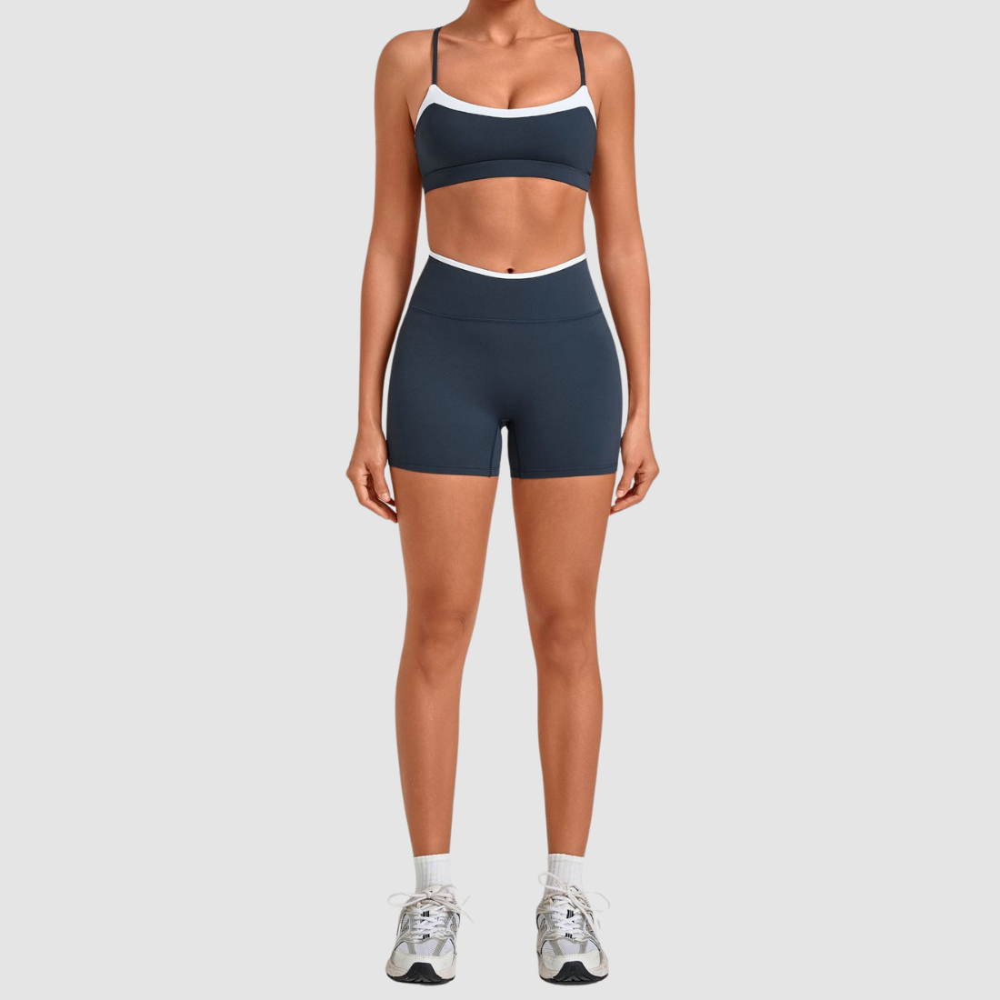 Wholesale Women’s Contrast Sports Bra & High-Waist Biker Shorts Yoga Set