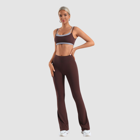 Wholesale Women's Naked-Feel Contrast Grid Sports Bra & Flared Yoga Pants