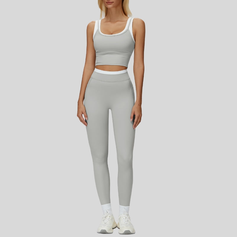 Two-piece contrasting sports tank top+sports leggings 2-piece set