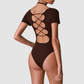 Wholesale Women's Cut-Out Open Back Short Sleeve Yoga Bodysuit – Built-In Bra Pad Gym Fitness One-Piece