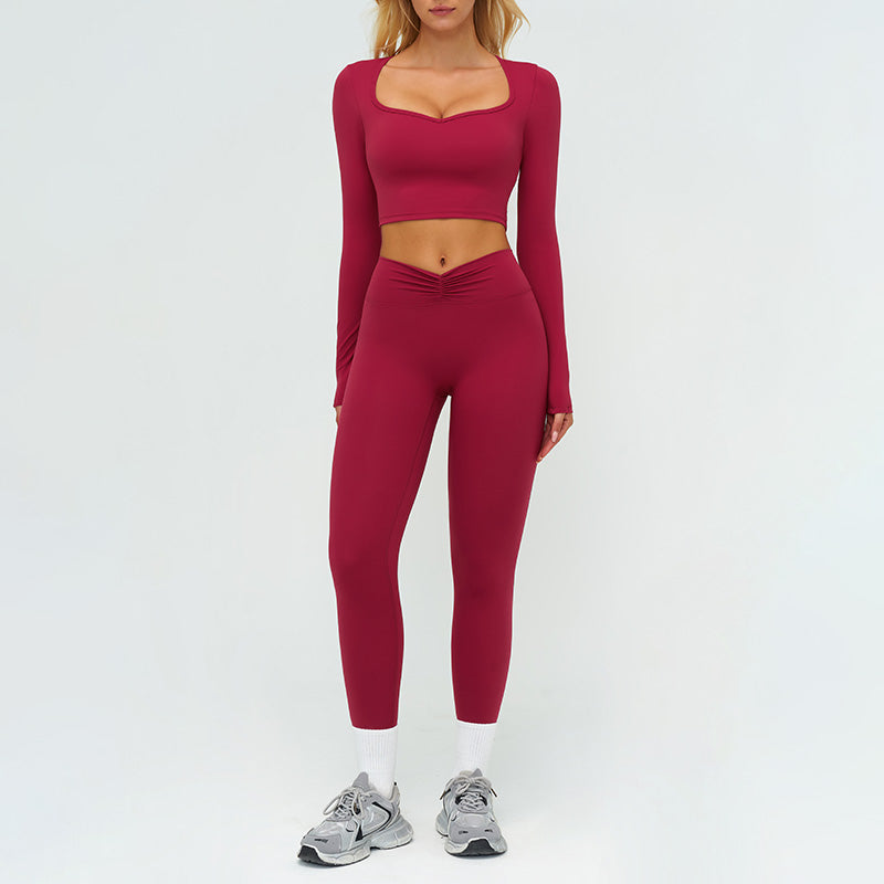 Slim-fitting long-sleeved top + tight-fitting athletic leggings 2-piece set