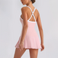 Wholesale Women's Pleated Tennis Dress Yoga Bodysuit with Chest Pad