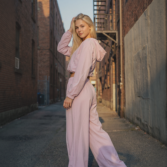 Wholesale Women's UPF50+ Sun Protection Hoodie Jacket + Wide-Leg Pants Set – Colorblock Outdoor Running Sportswear