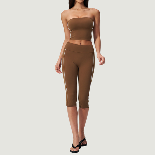 Wholesale Women's Brushed Strapless Tube Top & Mid-Length Leggings Set – Padded Yoga Fitness 2-Piece