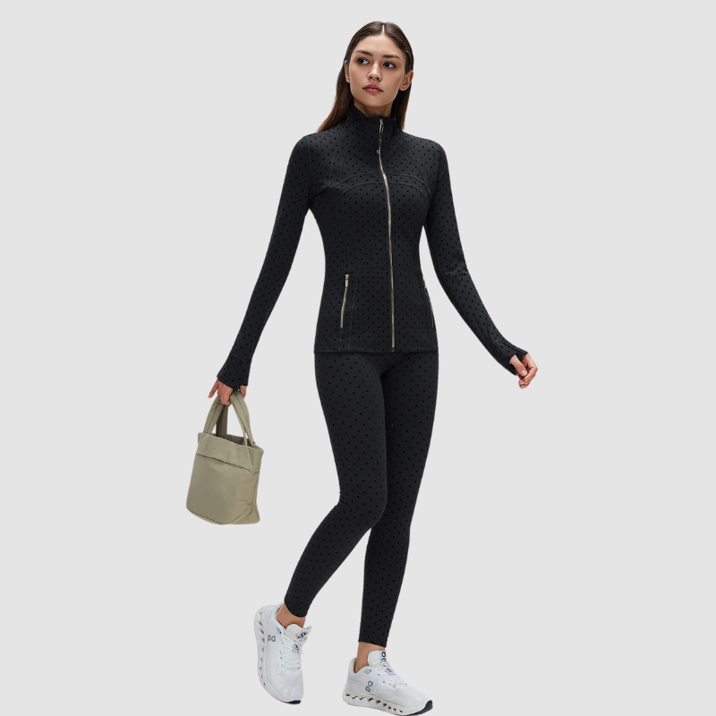 Wholesale Black Polka Dot Sports Jacket + High-Waisted Leggings