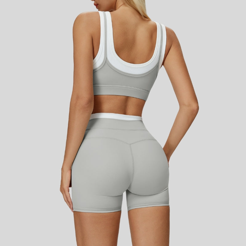 Contrast color sports bra + sports shorts 2-piece set