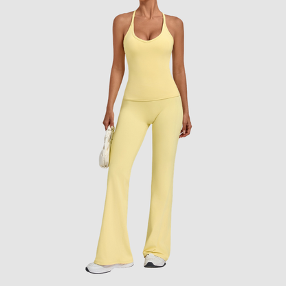 Wholesale Women's Racerback Yoga Set – Double-Layer Chest Pad Cross Waist Flare Pants