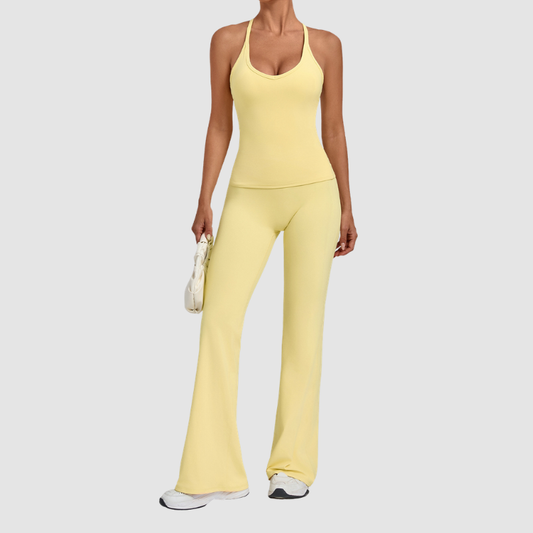 Wholesale Women's Racerback Yoga Set – Double-Layer Chest Pad Cross Waist Flare Pants