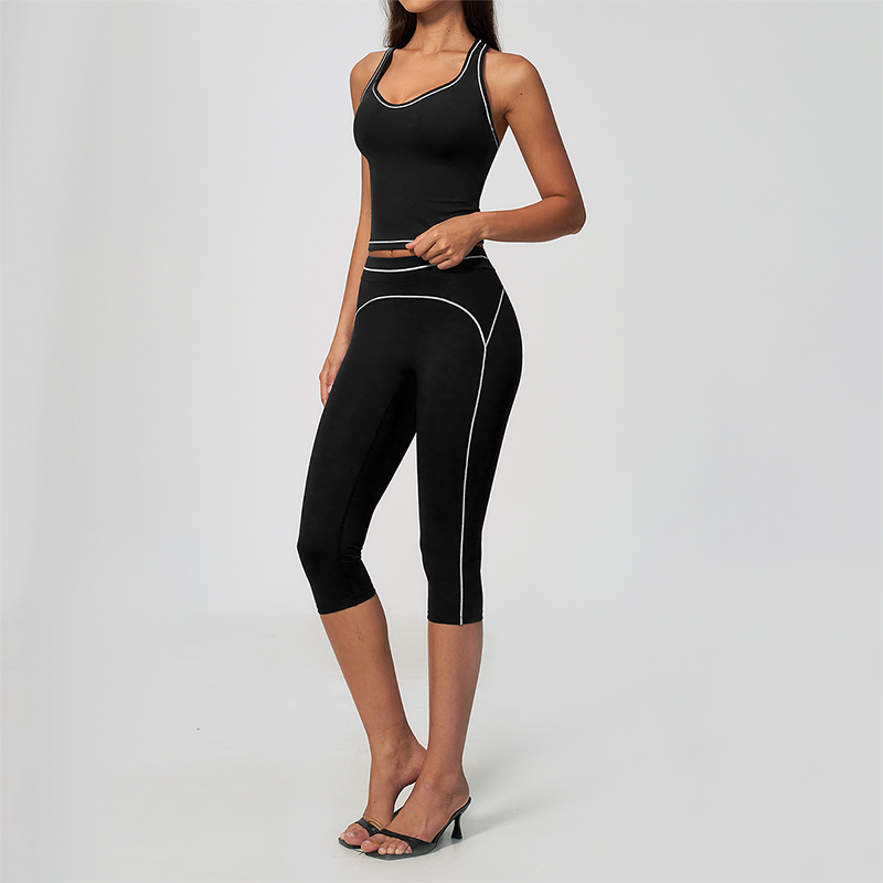 Wholesale Women's Colorblock Brushed Yoga Set: Halter V-Neck Top & Capri Pants