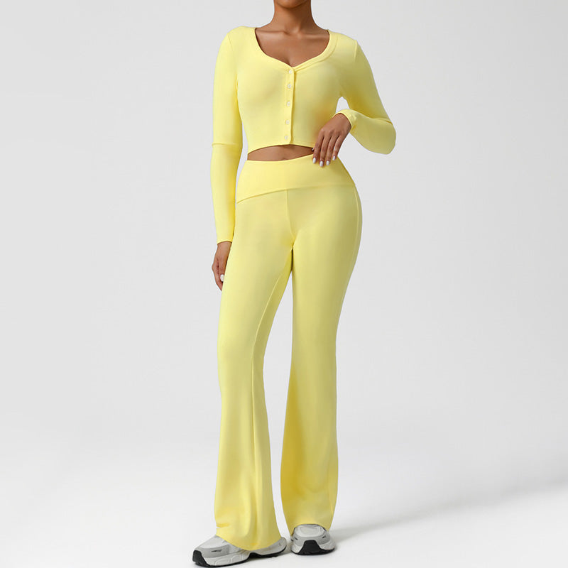 Snug-Fit Cropped Long Sleeve + Flared Leg Pants 2-Piece Set