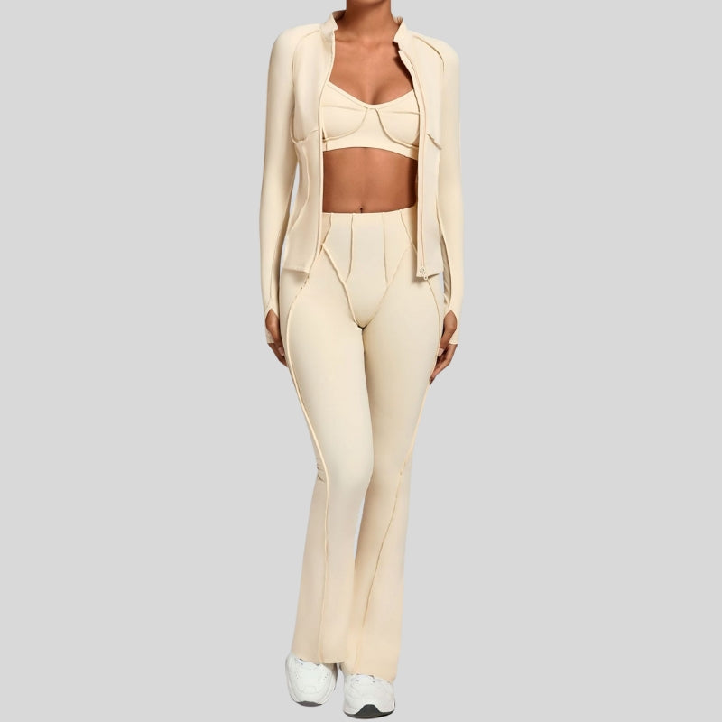 Thumb-buckle zipper jacket + slightly flared pants + sports bra 3-piece set
