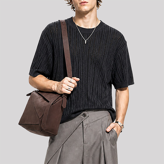 Wholesale unisex Old Money Style Knit T-Shirt – Striped Texture Short Sleeve