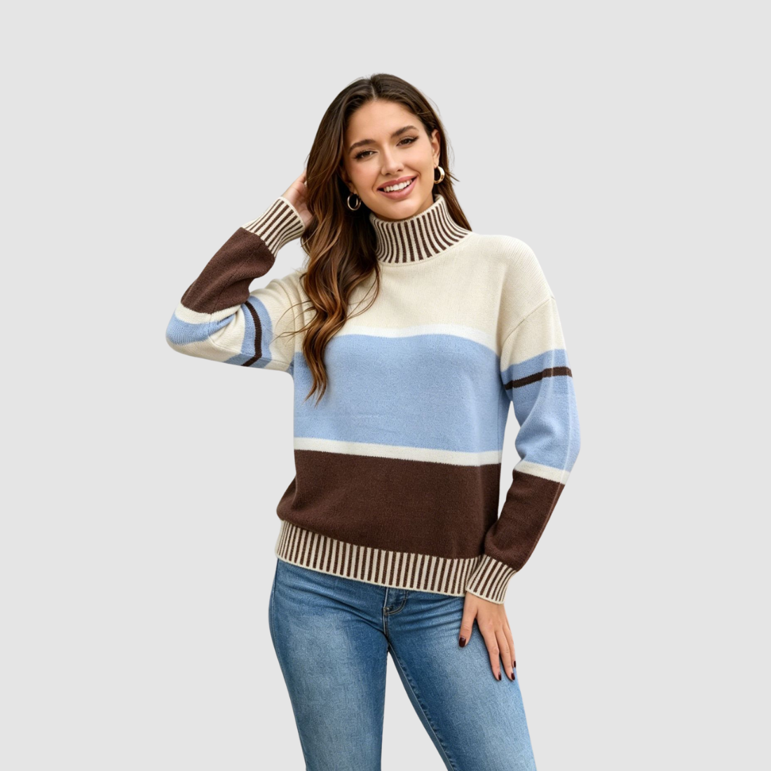 [Wholesale Women’s Colorblock Mock-Neck Knit Sweater