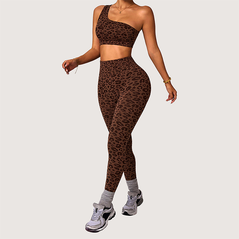 Wholesale Women's Leopard Print Yoga Set – One-Shoulder Bra & High-Waist Leggings