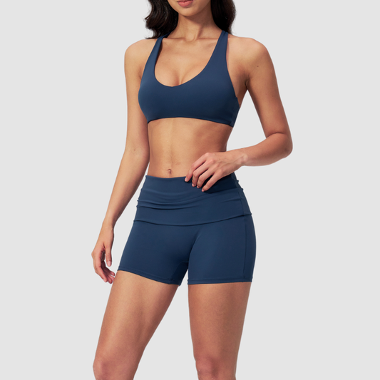 Wholesale Cross Trap Sports Bra + Fold-Up Waistband Shorts 2-Piece Set