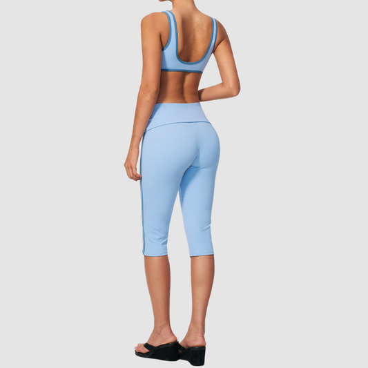 Wholesale color-blocked V-neck sports bra & striped cropped pants set