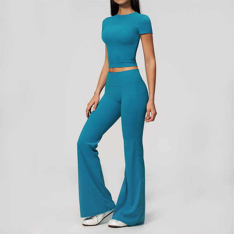 Wholesale Women's Buttery Soft Short Sleeve Crop Top & Flare Pants Yoga Set