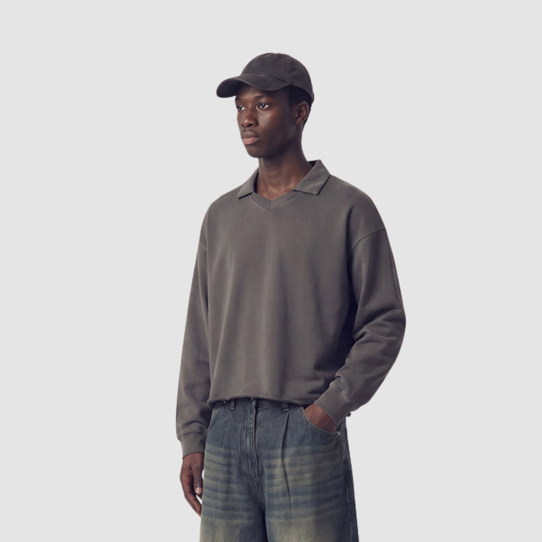 Wholesale Men’s Washed Boxy V-Neck Cotton Sweatshirt