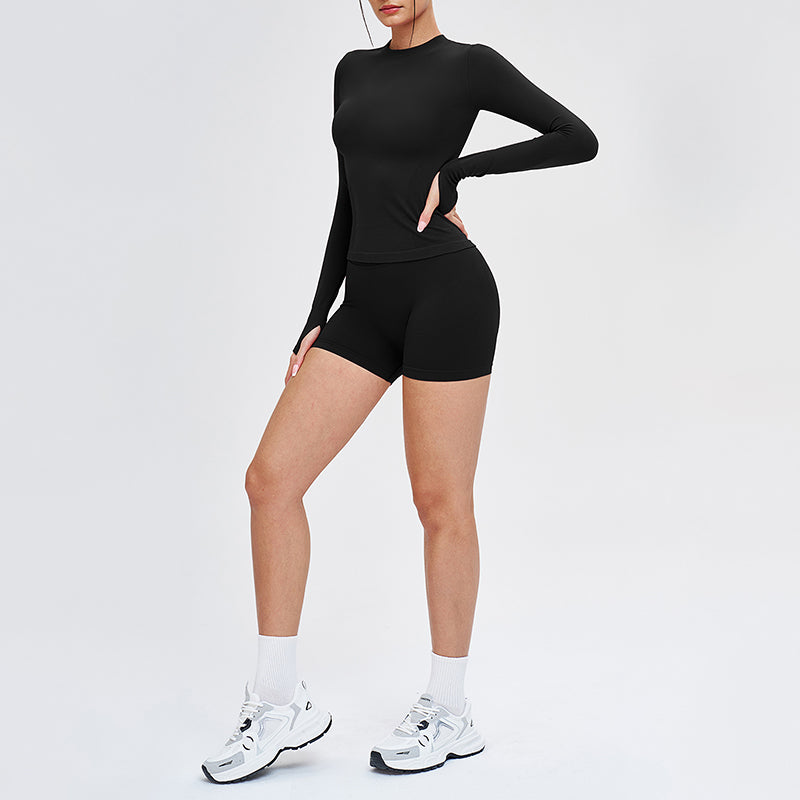 Wholesale solid color long-sleeved top + shorts