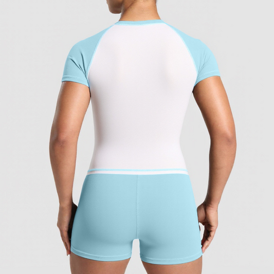 Contrasting short-sleeved top + shorts+headband  3-piece set