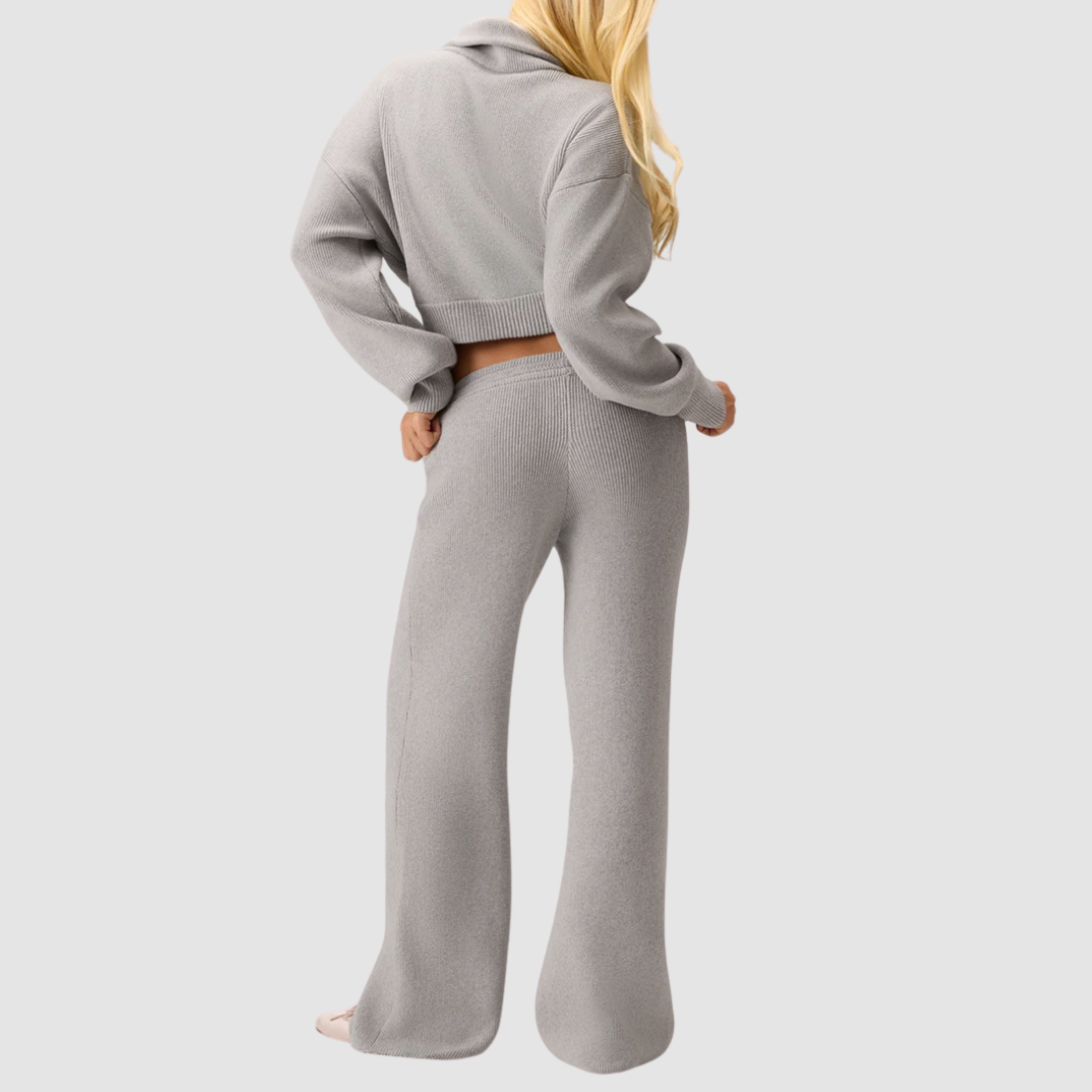 Wholesale Women's Sweaters Striped Stand-Collar Zip Knit Top & Flared Pants Set