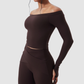 Wholesale off-the-shoulder yoga top + flared pants