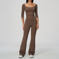 Wholesale Women's Round Neck Mid-Sleeve Tops + Flare Pants Yoga Set