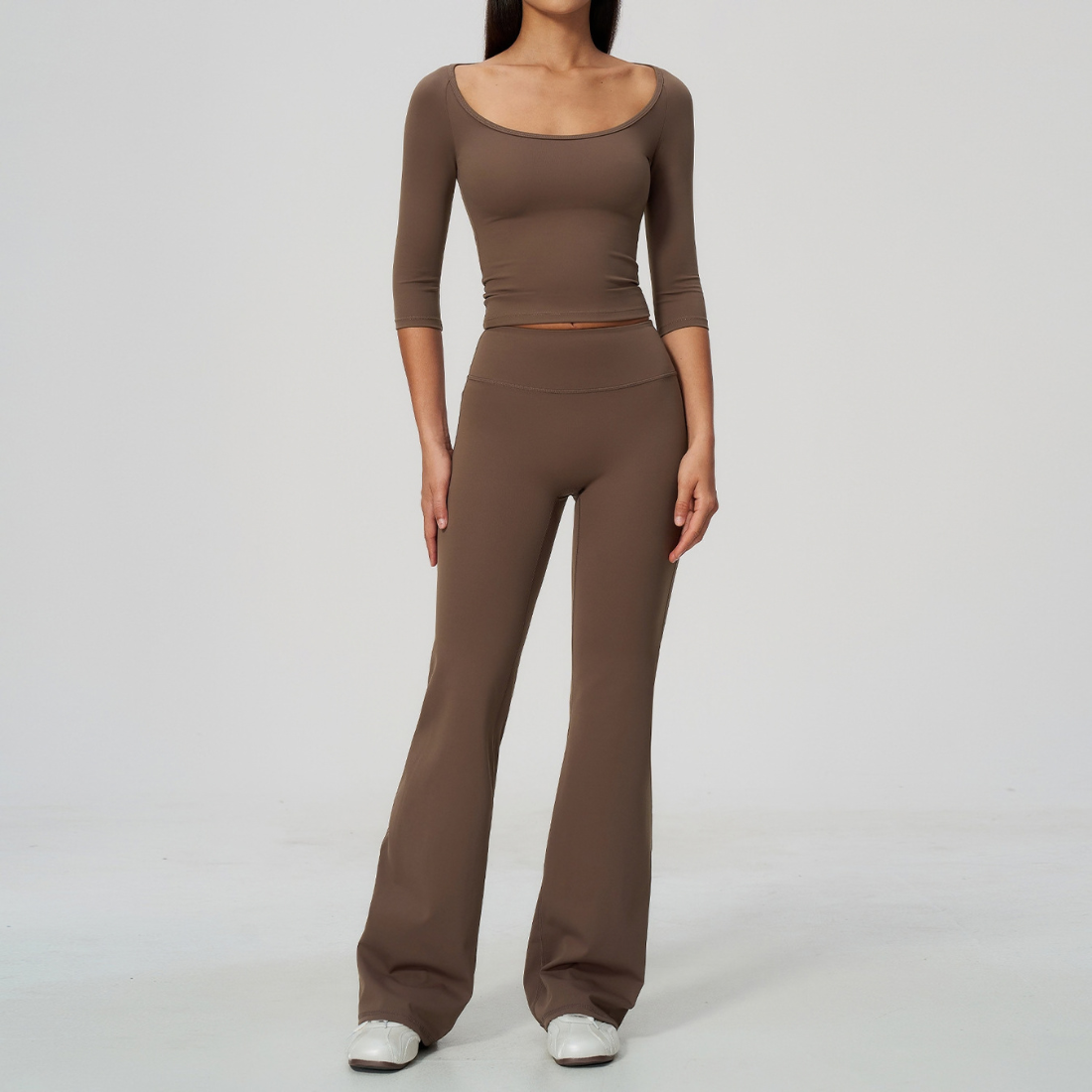 Wholesale Women's Round Neck Mid-Sleeve Tops + Flare Pants Yoga Set