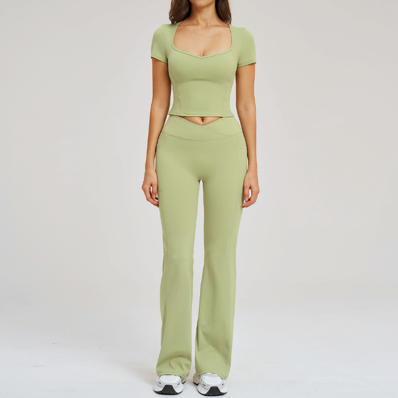 Wholesale square-neck crop top + high-waisted flared pants