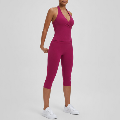 Wholesale V-neck halter top + high-waisted cropped pants set