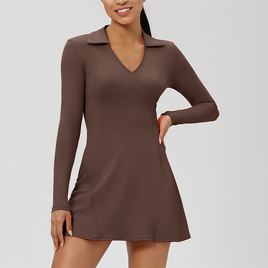 Wholesale Women's Long Sleeve V-Neck Tennis Dress – Quick-Dry Slim Fit Athletic Dress