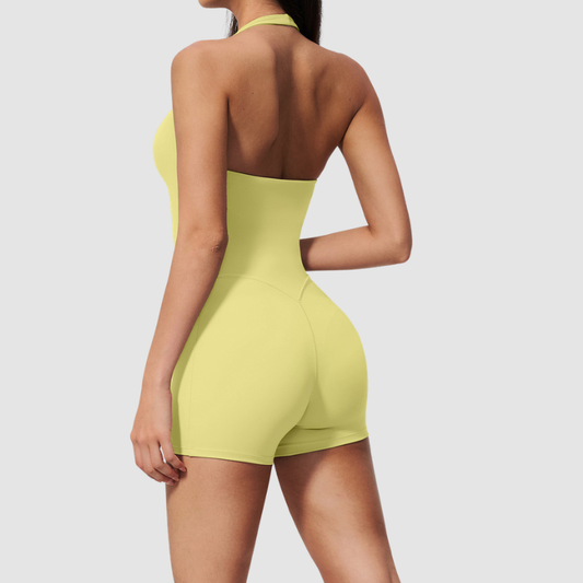 Wholesale Women's Halter-Neck V-Back One-Piece Yoga Bodysuit with Built-in Shorts
