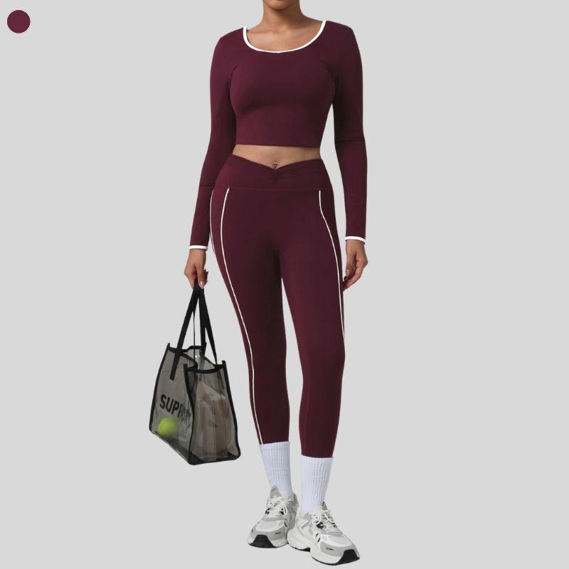 Color-blocked U-shaped backless long-sleeved top + leggings 2-piece set