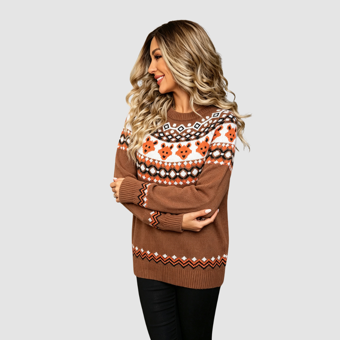 Wholesale Women's Halloween Witch Fox Knit Sweater – Round-Neck Pullover
