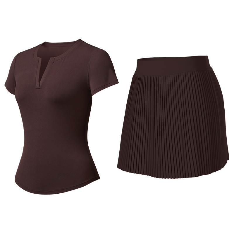 Wholesale Women's V-Neck Open-Back Short Sleeve Top & Pleated Skirt Set