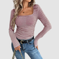 Wholesale Women's Long-Sleeve Top Square-Neck Color-Block Knit Top