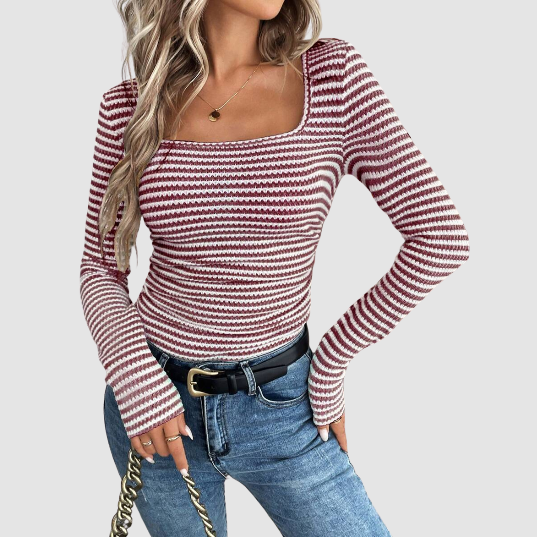 Wholesale Women's Long-Sleeve Top Square-Neck Color-Block Knit Top