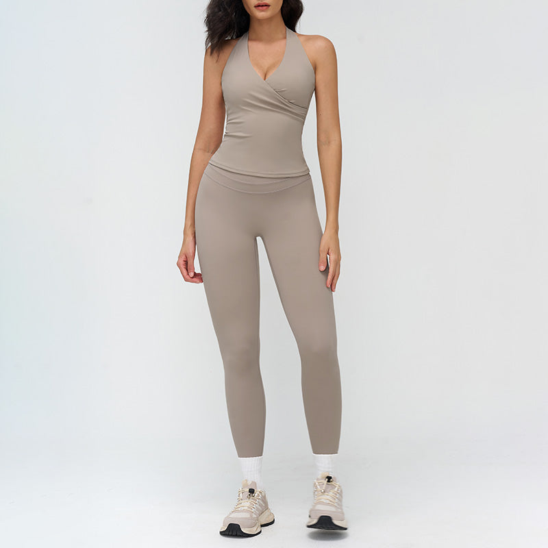 Halter neck backless tank top + high-waisted leggings 2-piece set