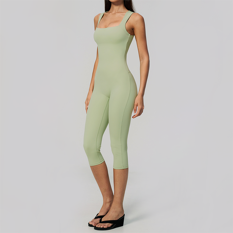 Wholesale Women's Bare-Feel Square Neck Yoga Jumpsuit with Chest Pad & Capri Shorts