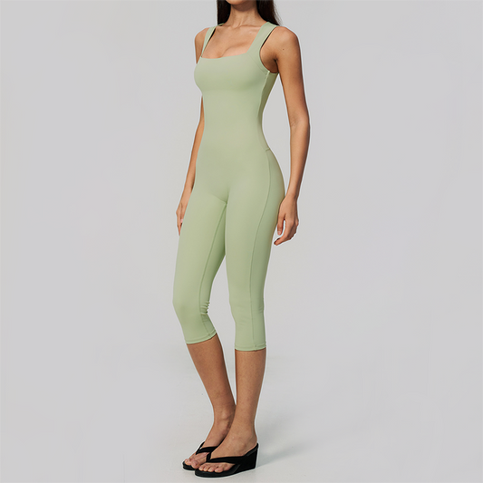 Wholesale Women's Bare-Feel Square Neck Yoga Jumpsuit with Chest Pad & Capri Shorts