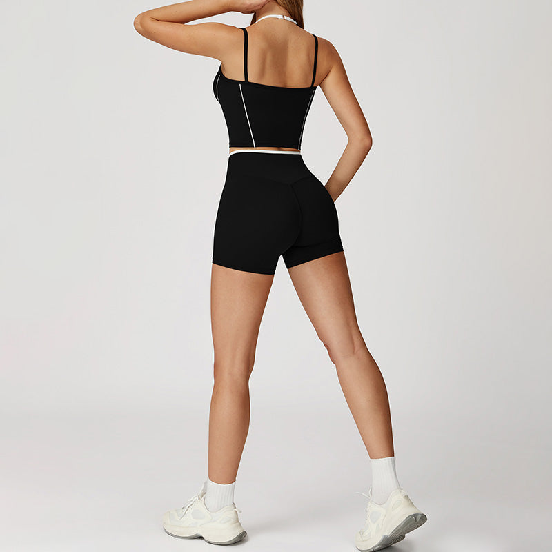 Fake two-piece halter tank top + High Waist Shorts 2-piece Set